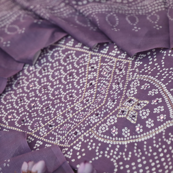 Riwa Berry Purple French Knot in Zari Detailing Bandhani Printed Cotton Suit Set