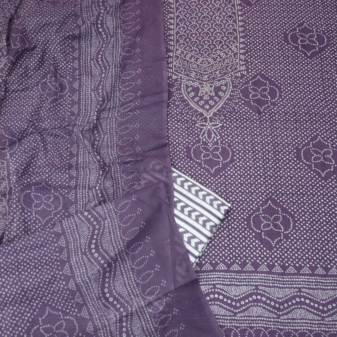 Riwa Berry Purple French Knot in Zari Detailing Bandhani Printed Cotton Suit Set
