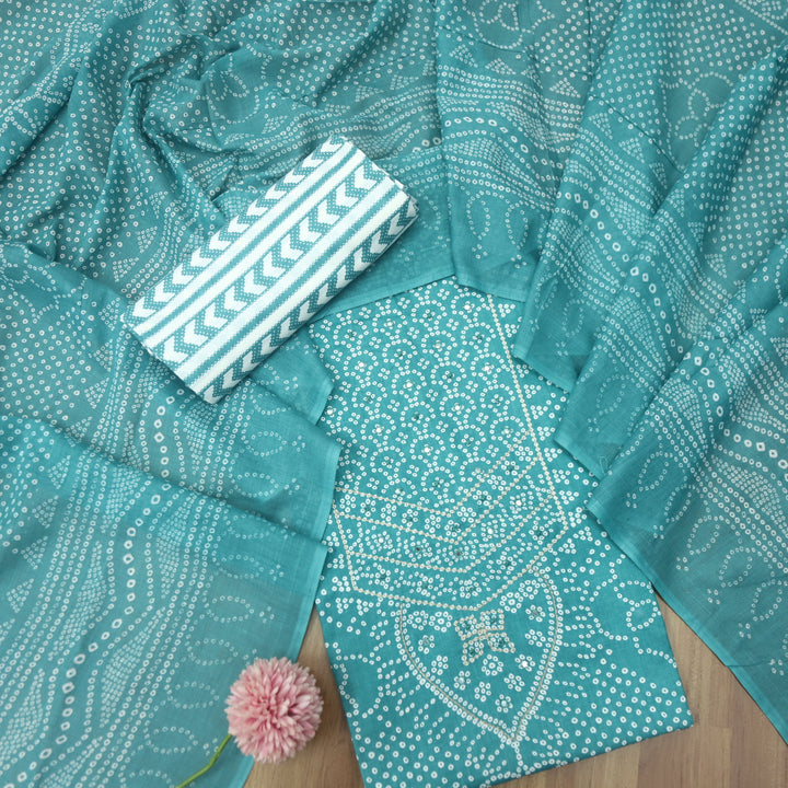 Riwa Aquamarine French Knot in Zari Detailing Bandhani Printed Cotton Suit Set