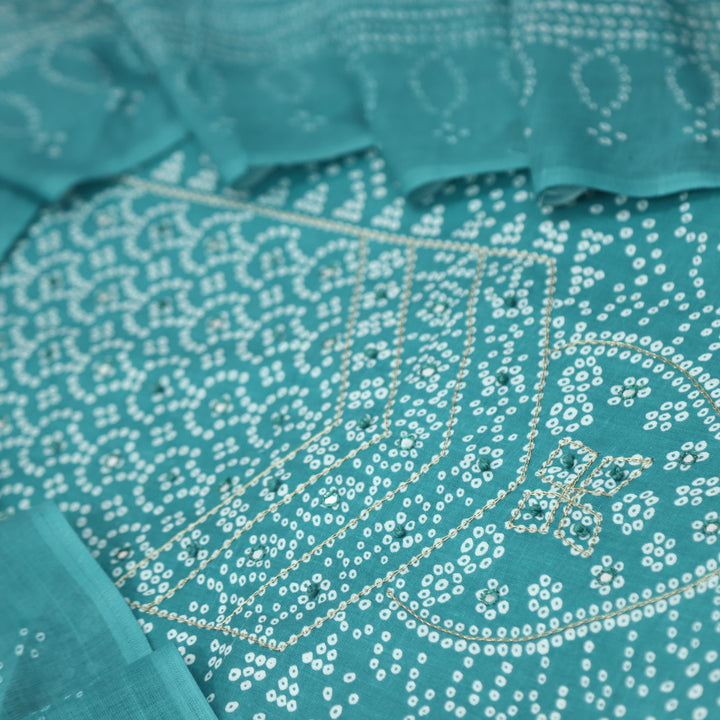 Riwa Aquamarine French Knot in Zari Detailing Bandhani Printed Cotton Suit Set