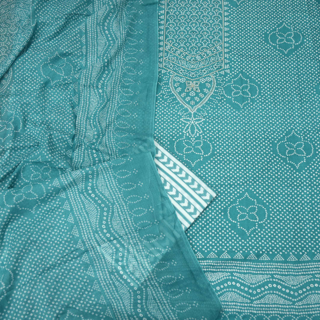 Riwa Aquamarine French Knot in Zari Detailing Bandhani Printed Cotton Suit Set