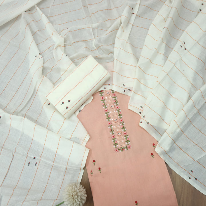 Nazara Soft Peach Thread Embroidery Neck Work with Button Cotton Suit Set