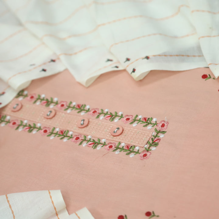 Nazara Soft Peach Thread Embroidery Neck Work with Button Cotton Suit Set