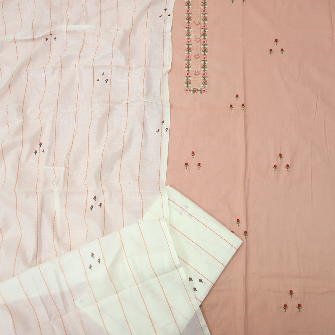 Nazara Soft Peach Thread Embroidery Neck Work with Button Cotton Suit Set