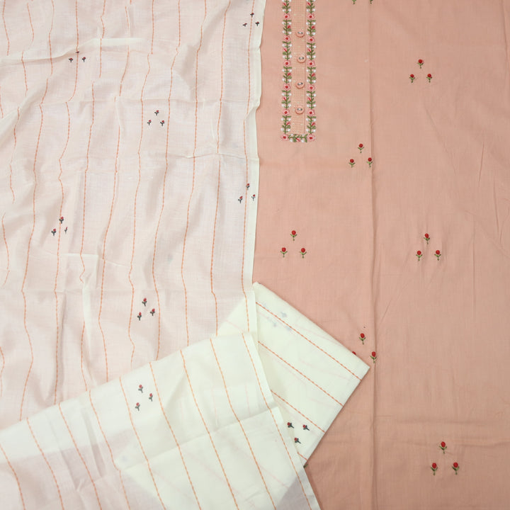 Nazara Soft Peach Thread Embroidery Neck Work with Button Cotton Suit Set