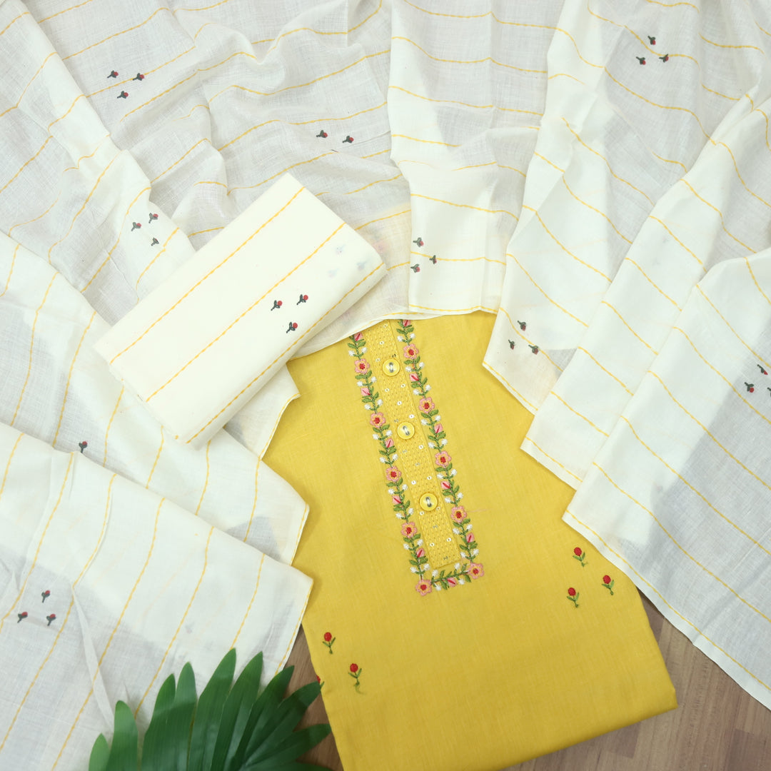 Nazara Corn Yellow Thread Embroidery Neck Work with Button Cotton Suit Set