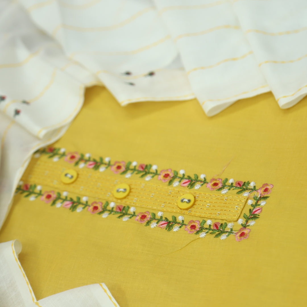 Nazara Corn Yellow Thread Embroidery Neck Work with Button Cotton Suit Set