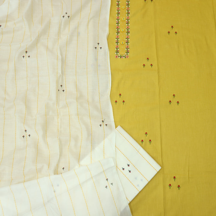 Nazara Corn Yellow Thread Embroidery Neck Work with Button Cotton Suit Set