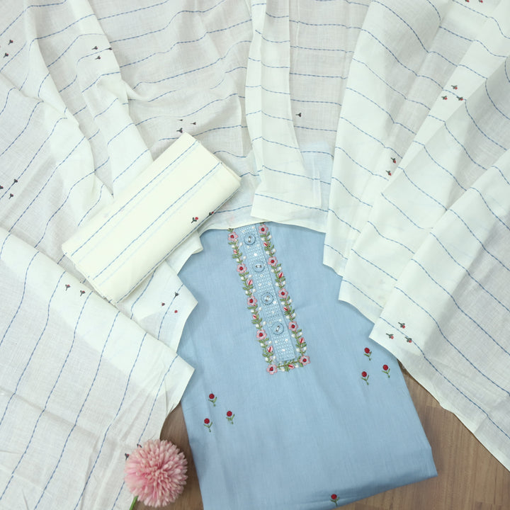 Nazara Spruce Blue Thread Embroidery Neck Work with Button Cotton Suit Set