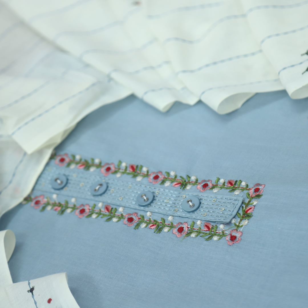 Nazara Spruce Blue Thread Embroidery Neck Work with Button Cotton Suit Set