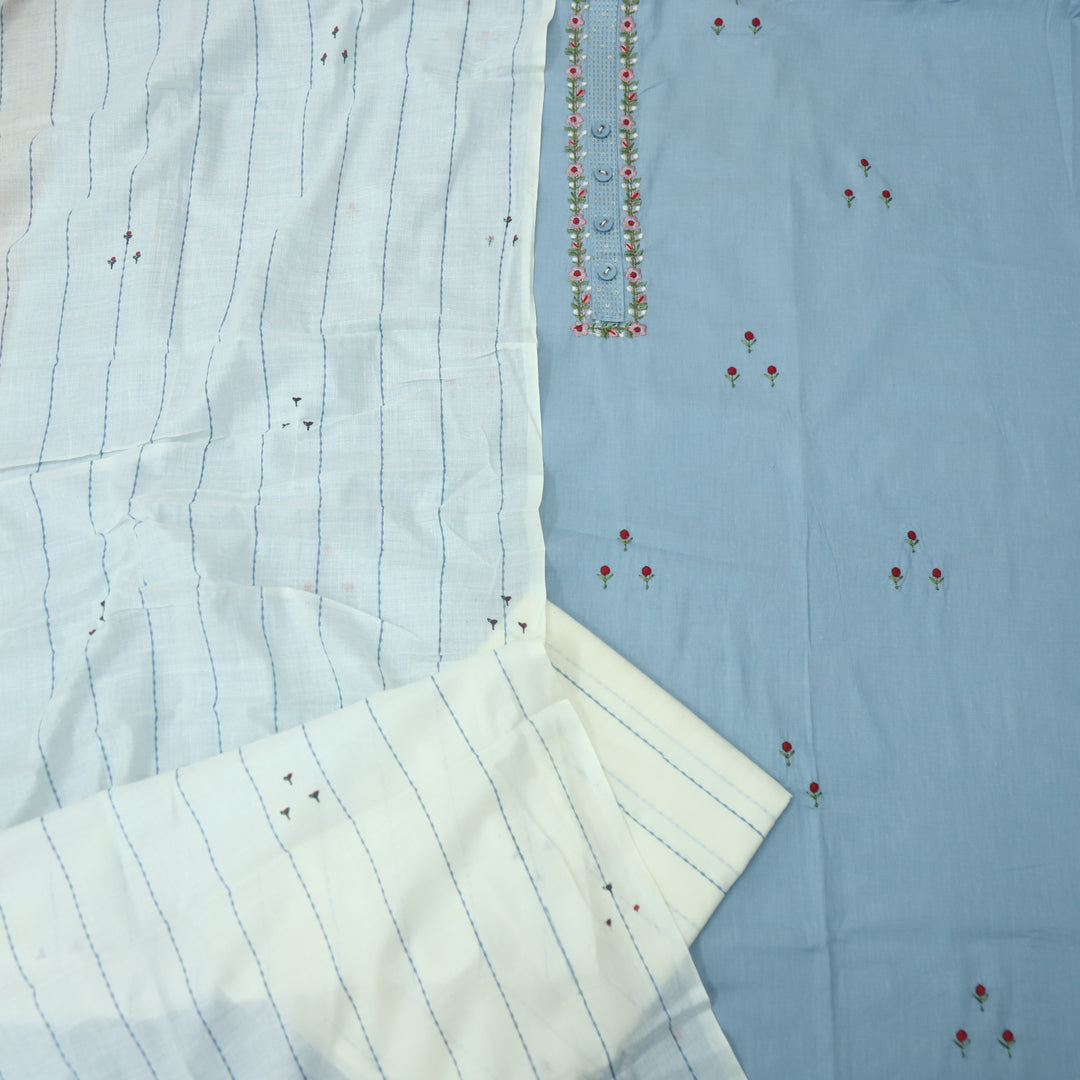 Nazara Spruce Blue Thread Embroidery Neck Work with Button Cotton Suit Set