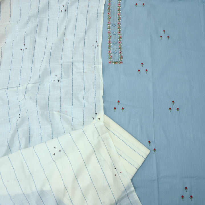 Nazara Spruce Blue Thread Embroidery Neck Work with Button Cotton Suit Set
