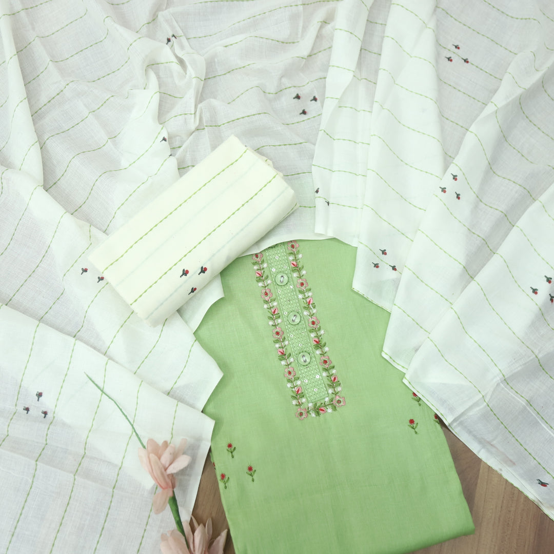 Nazara Mint Green Blue Thread Embroidery Neck Work with Button Cotton Suit Set