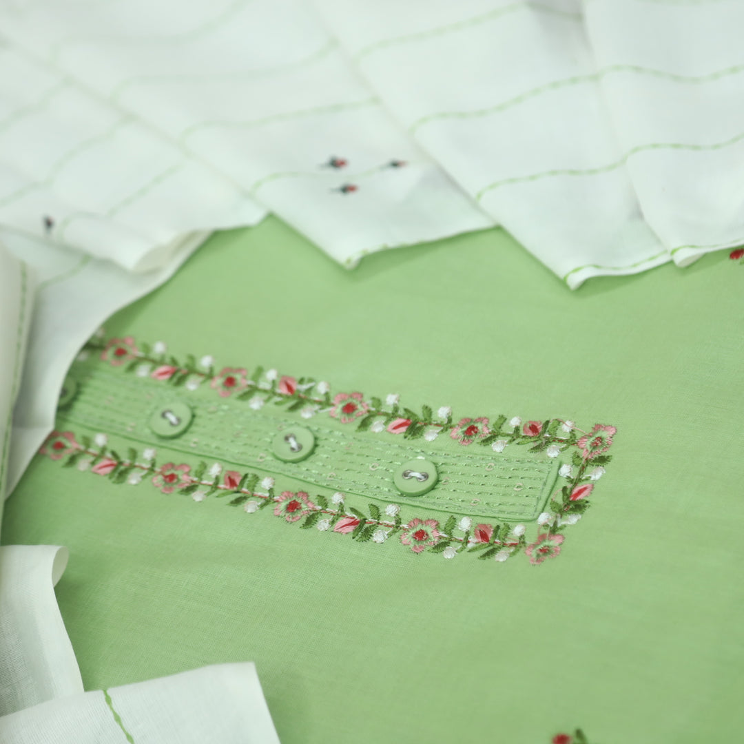 Nazara Mint Green Blue Thread Embroidery Neck Work with Button Cotton Suit Set