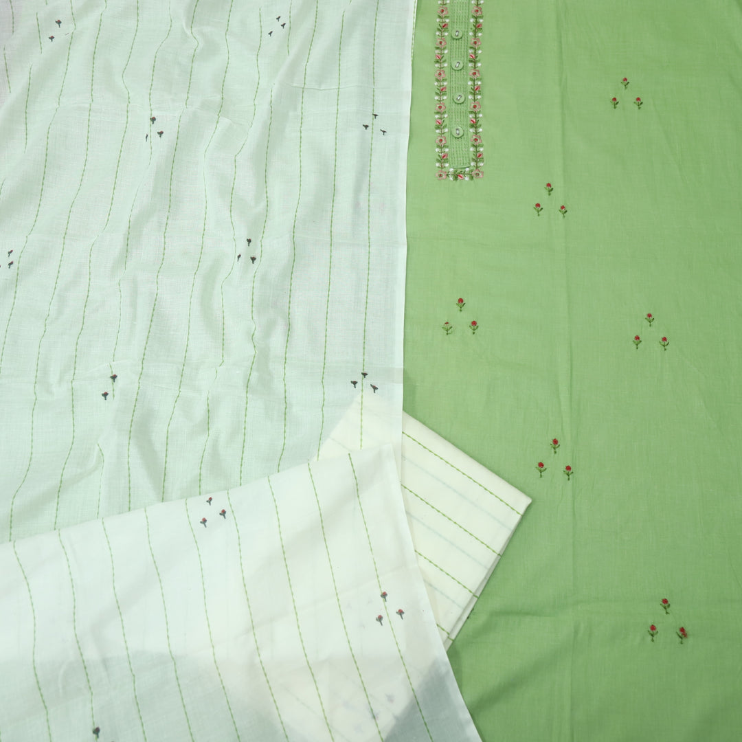 Nazara Mint Green Blue Thread Embroidery Neck Work with Button Cotton Suit Set