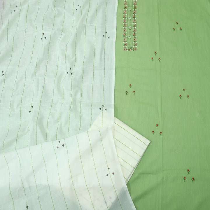 Nazara Mint Green Blue Thread Embroidery Neck Work with Button Cotton Suit Set