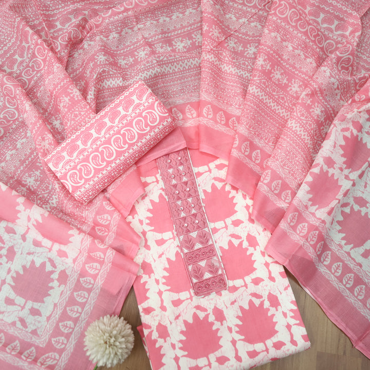 Ulfat Bubblegum Pink Patch Lace Work Floral Printed Cotton Suit Set