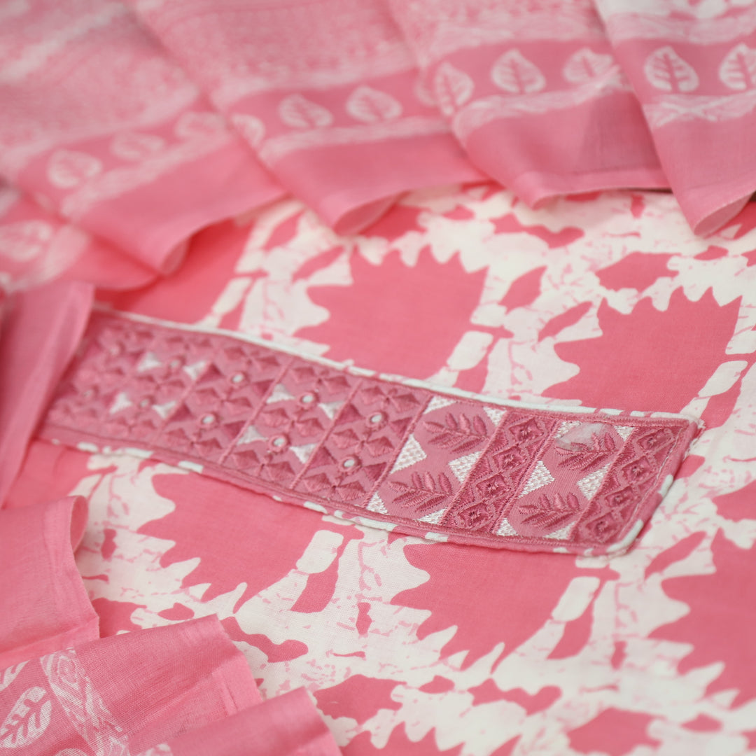 Ulfat Bubblegum Pink Patch Lace Work Floral Printed Cotton Suit Set