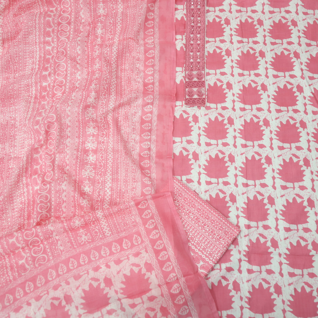 Ulfat Bubblegum Pink Patch Lace Work Floral Printed Cotton Suit Set