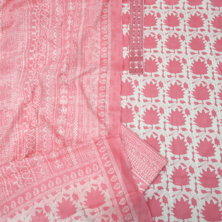 Ulfat Bubblegum Pink Patch Lace Work Floral Printed Cotton Suit Set