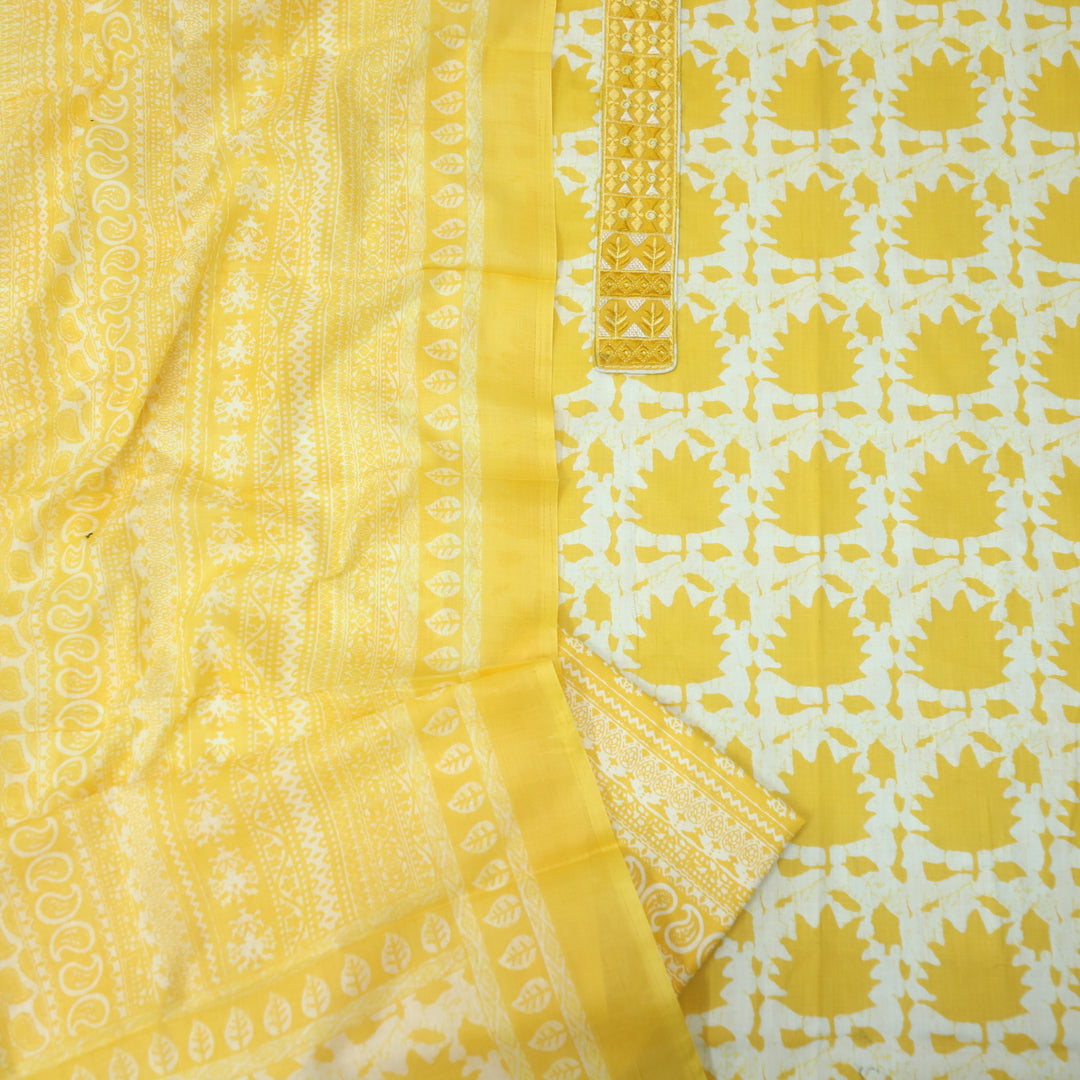 Ulfat Corn Yellow Patch Lace Work Floral Printed Cotton Suit Set