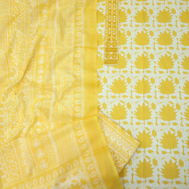 Ulfat Corn Yellow Patch Lace Work Floral Printed Cotton Suit Set