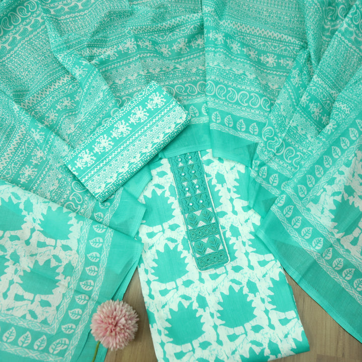 Ulfat Sea Arctic Blue Patch Lace Work Floral Printed Cotton Suit Set