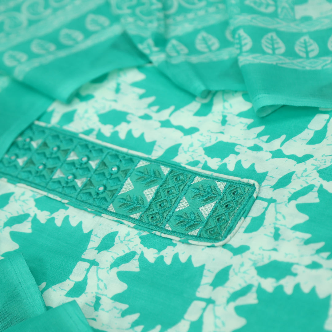 Ulfat Sea Arctic Blue Patch Lace Work Floral Printed Cotton Suit Set