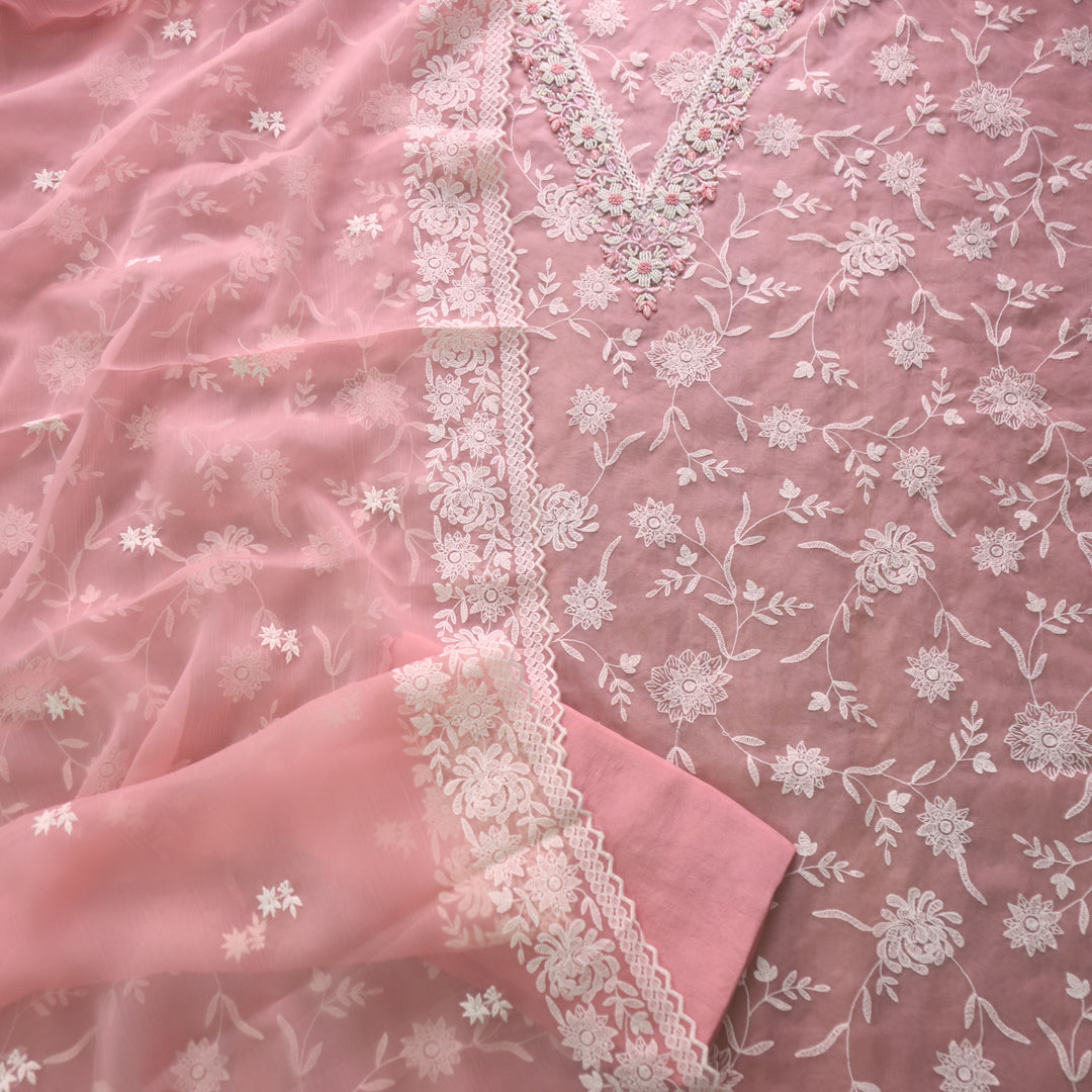 Mannat Flamingo Pink V Neck Moti Work Thread Weaved Organza Suit Set