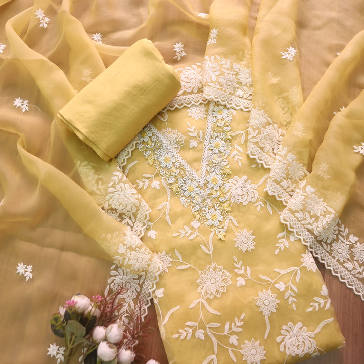 Mannat Butter Yellow V Neck Moti Work Thread Weaved Organza Suit Set