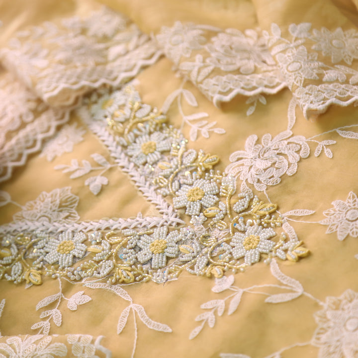 Mannat Butter Yellow V Neck Moti Work Thread Weaved Organza Suit Set