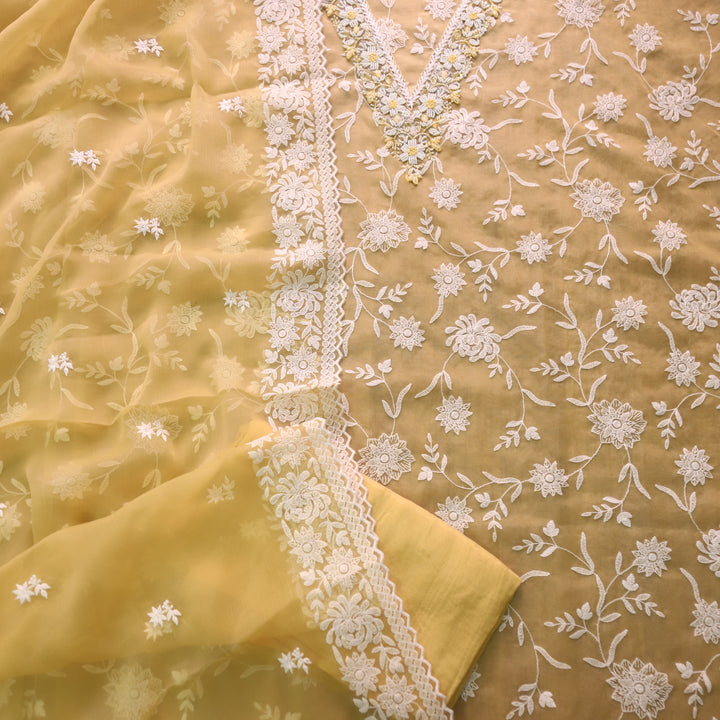 Mannat Butter Yellow V Neck Moti Work Thread Weaved Organza Suit Set