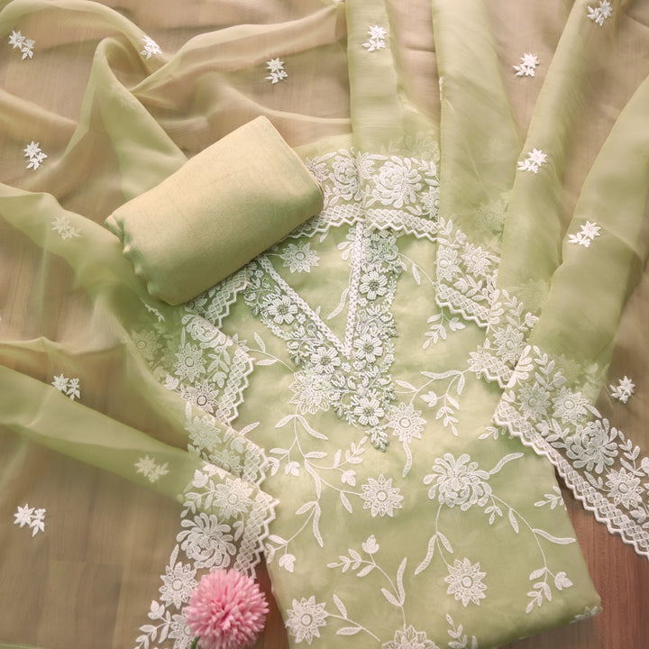 Mannat Mint Green V Neck Moti Work Thread Weaved Organza Suit Set