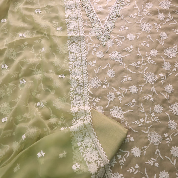 Mannat Mint Green V Neck Moti Work Thread Weaved Organza Suit Set