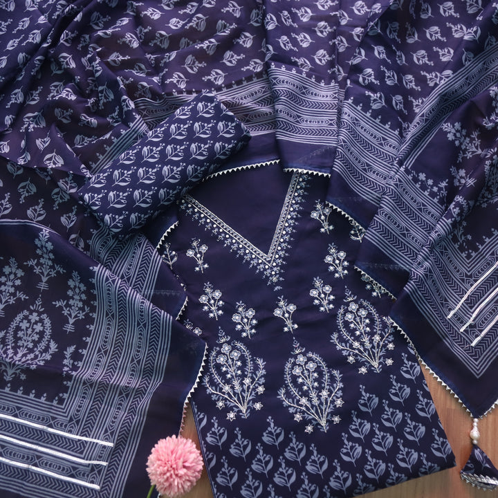 Masroof Midnight Blue V Embellished Neck Floral Printed Cotton Suit Set