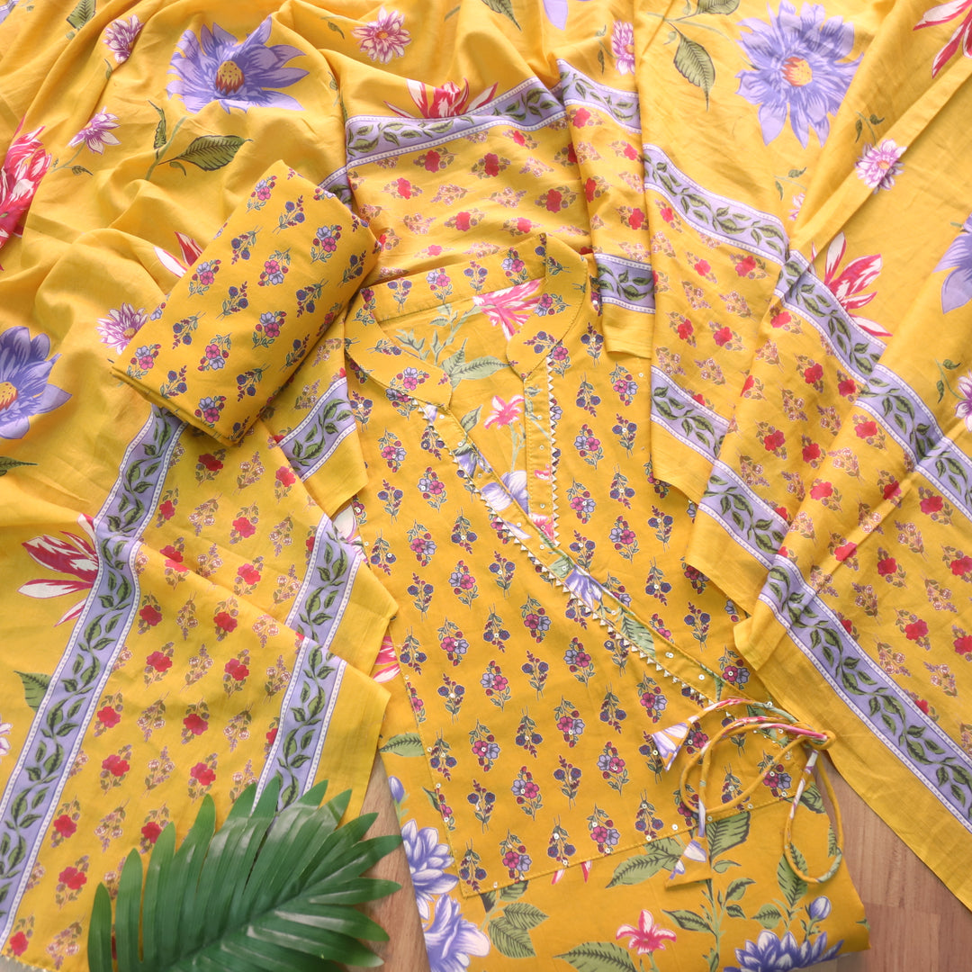 Adaa Dijon Yellow Angrakha Style Neckline Floral Printed Cotton Suit Set