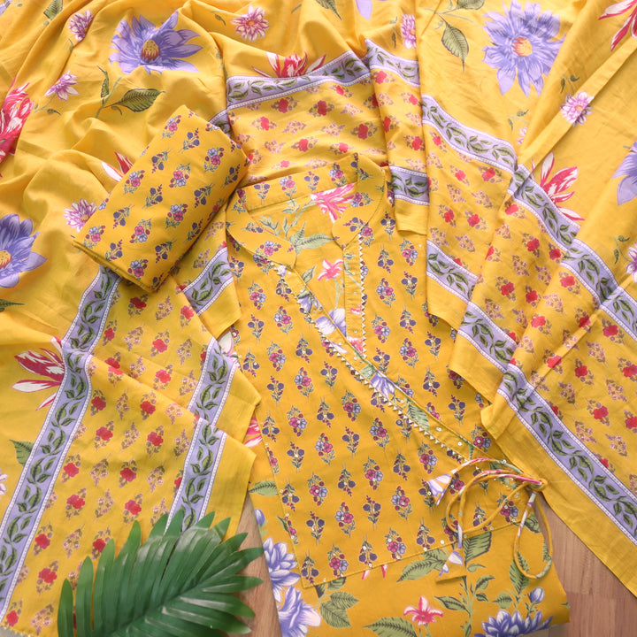 Adaa Dijon Yellow Angrakha Style Neckline Floral Printed Cotton Suit Set