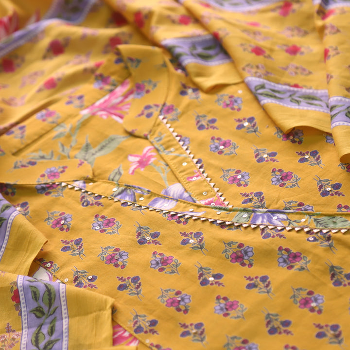 Adaa Dijon Yellow Angrakha Style Neckline Floral Printed Cotton Suit Set