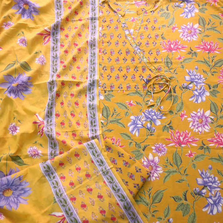 Adaa Dijon Yellow Angrakha Style Neckline Floral Printed Cotton Suit Set