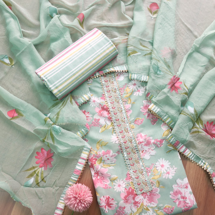 Sahiba Fern Green with Embellish Patch Neckline Floral Printed Cotton Suit Set