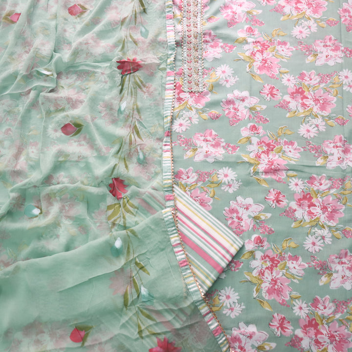 Sahiba Fern Green with Embellish Patch Neckline Floral Printed Cotton Suit Set