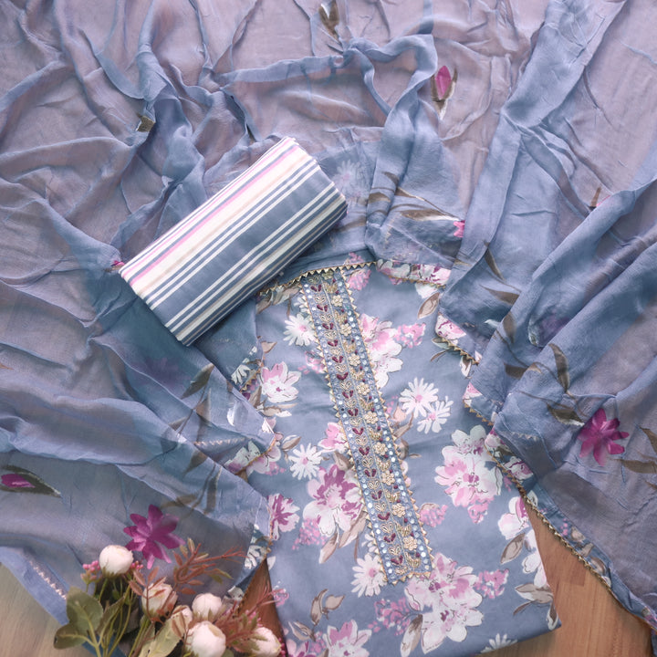 Sahiba Fossil Grey with Embellish Patch Neckline Floral Printed Cotton Suit Set