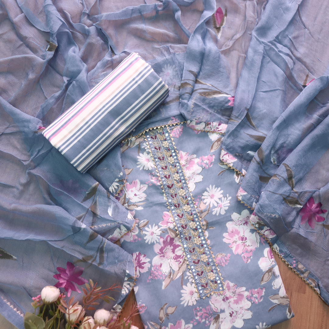Sahiba Fossil Grey with Embellish Patch Neckline Floral Printed Cotton Suit Set