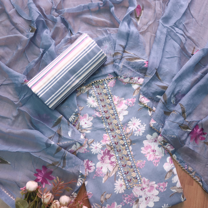 Sahiba Fossil Grey with Embellish Patch Neckline Floral Printed Cotton Suit Set