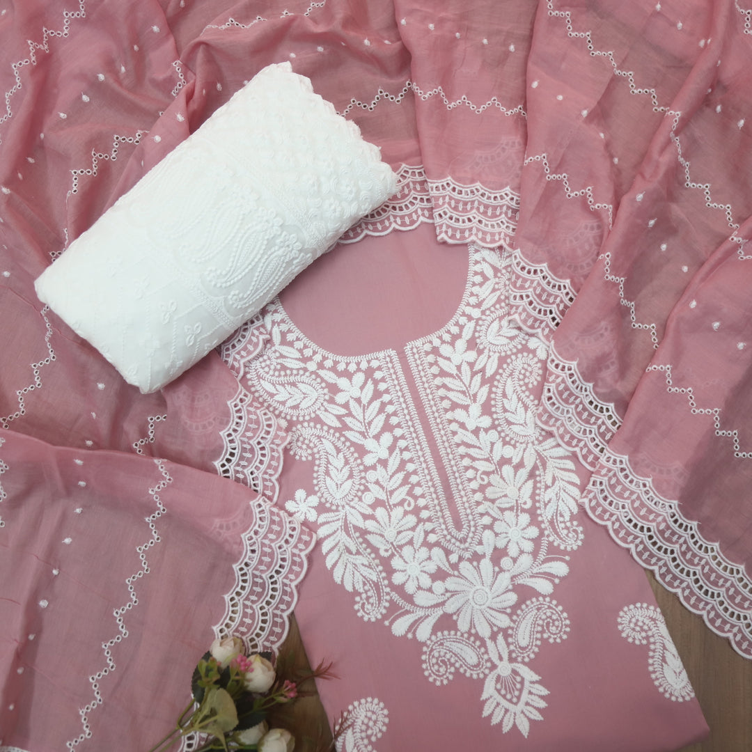 Apurav Mauve Pink Chikankari inspired Neck Work Cotton Suit Set