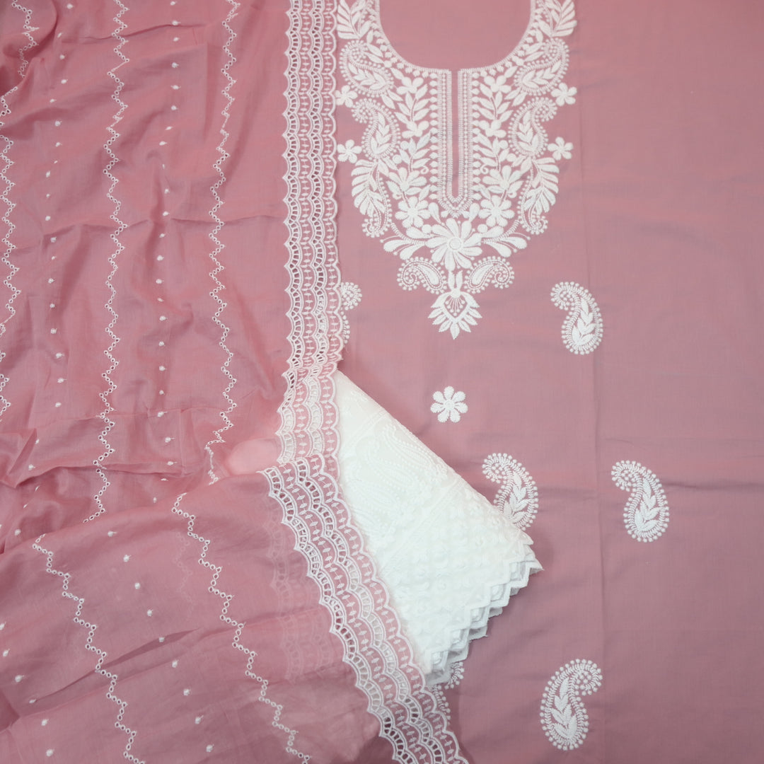 Apurav Mauve Pink Chikankari inspired Neck Work Cotton Suit Set