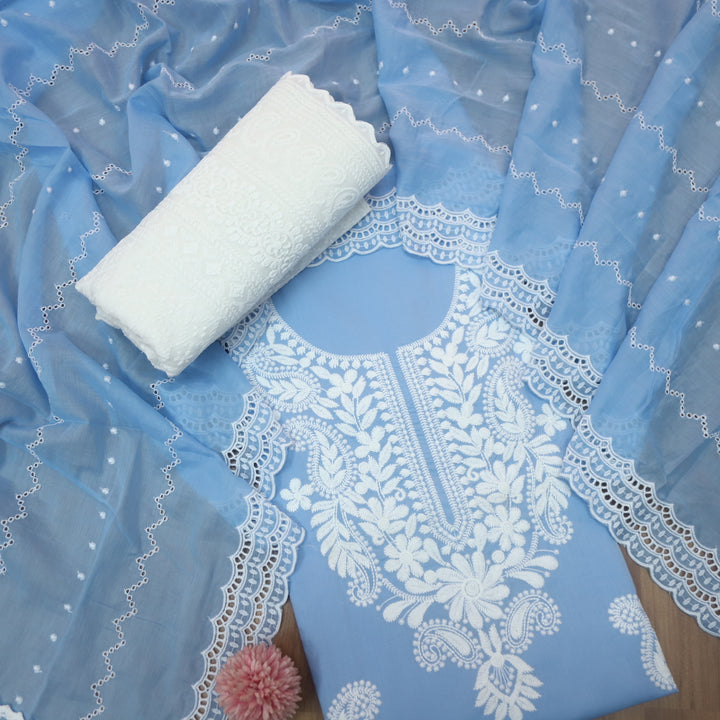 Apurav Cobalt Blue Chikankari inspired Neck Work Cotton Suit Set