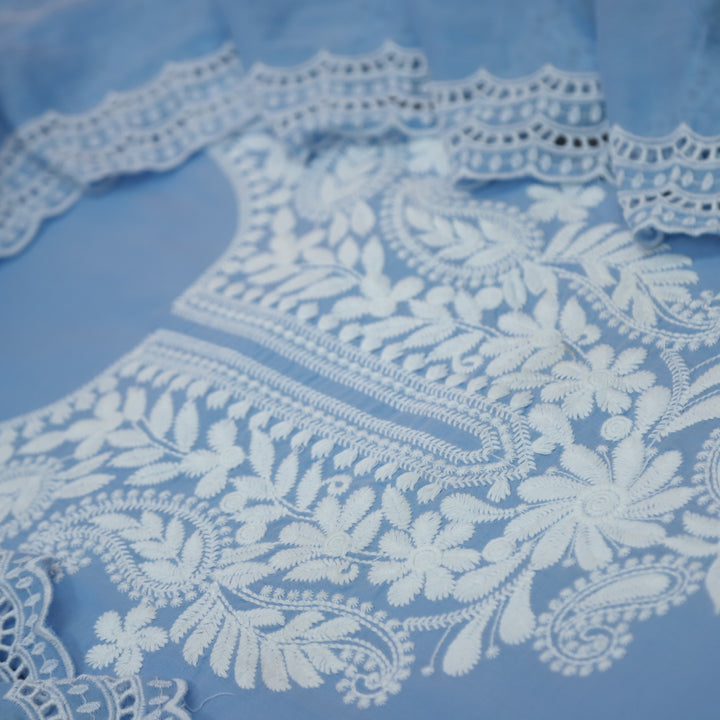 Apurav Cobalt Blue Chikankari inspired Neck Work Cotton Suit Set