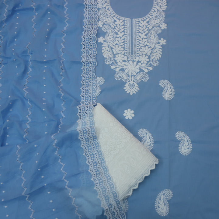 Apurav Cobalt Blue Chikankari inspired Neck Work Cotton Suit Set