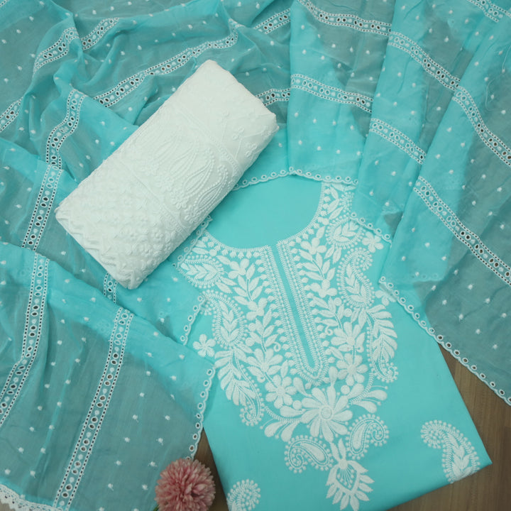 Apurav Aqua Cyan Chikankari inspired Neck Work Cotton Suit Set